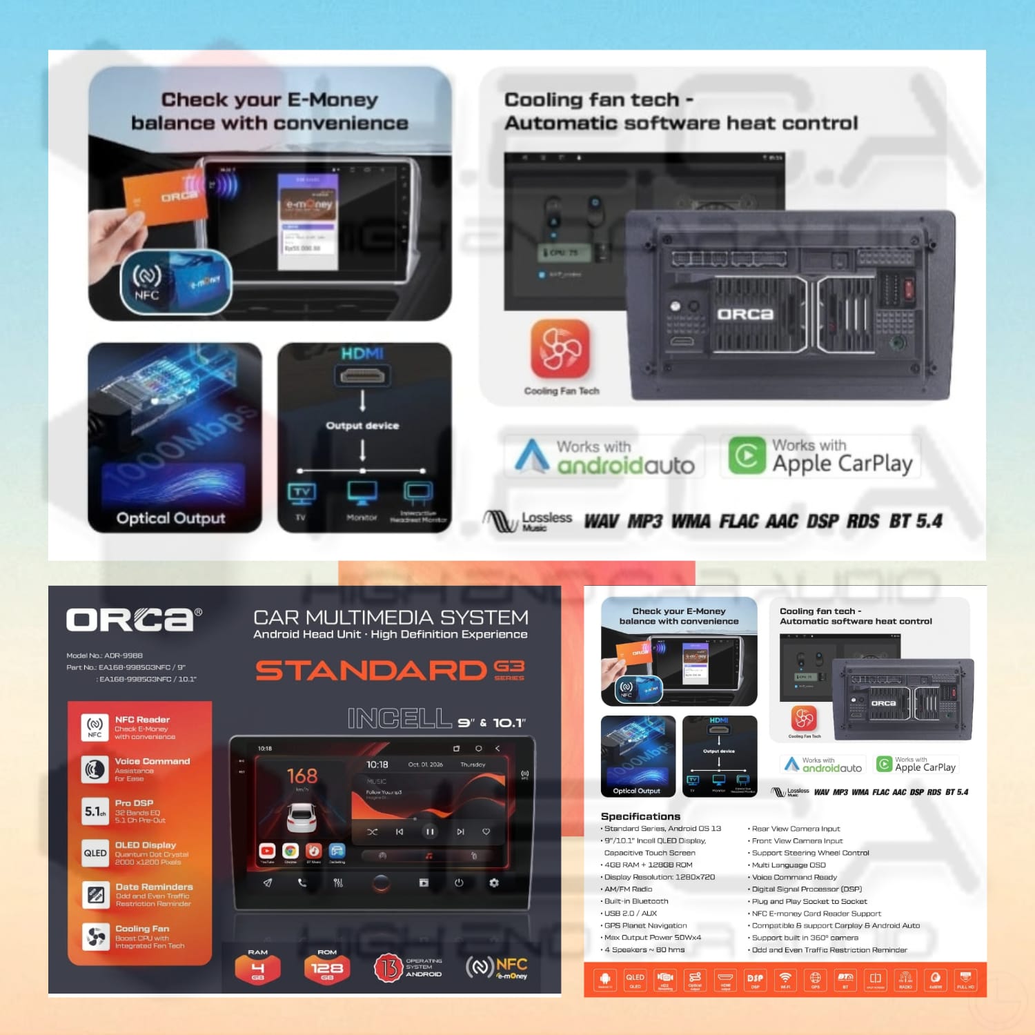 ORCA Standard G3 4/128 GB 10 inch Android NFC QLED ADR-9988 Head Unit Mobil Android 10" Tape TV + Kamera Parkir - Image 3