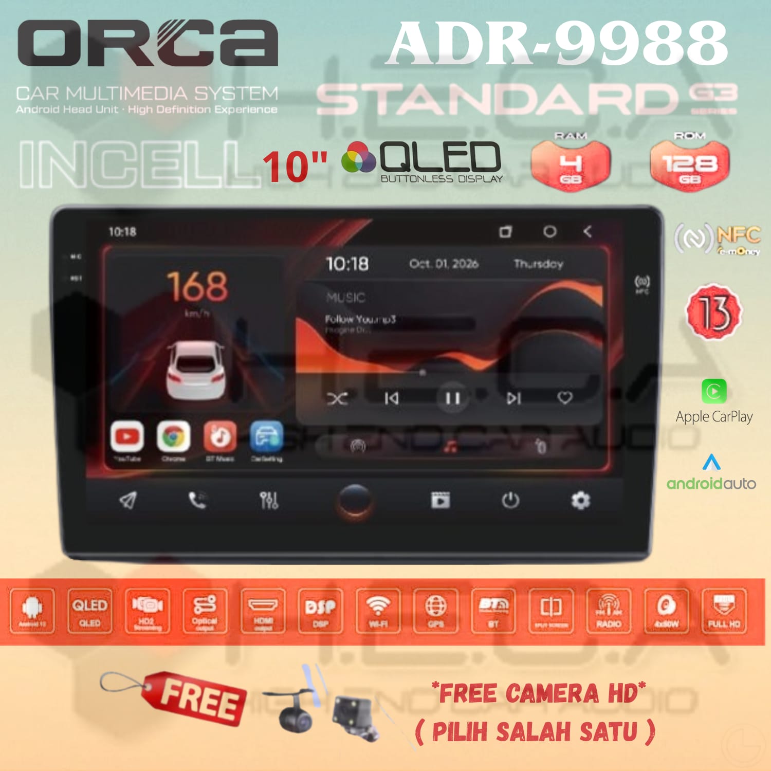 ORCA Standard G3 4/128 GB 10 inch Android NFC QLED ADR-9988 Head Unit Mobil Android 10" Tape TV + Kamera Parkir