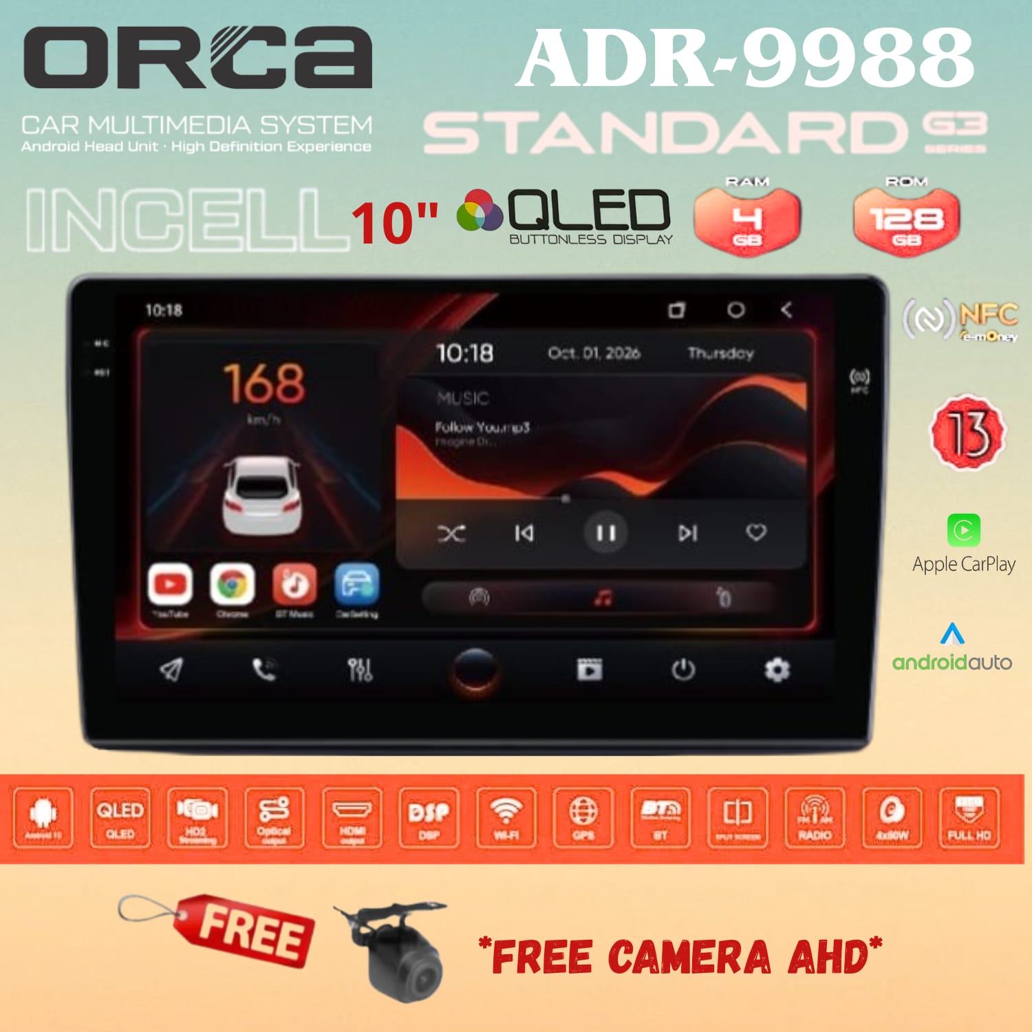 ORCA Standard G3 4/128 GB 10 inch Android NFC QLED ADR-9988 Head Unit Mobil 10" Tape TV + Rear Kamera AHD