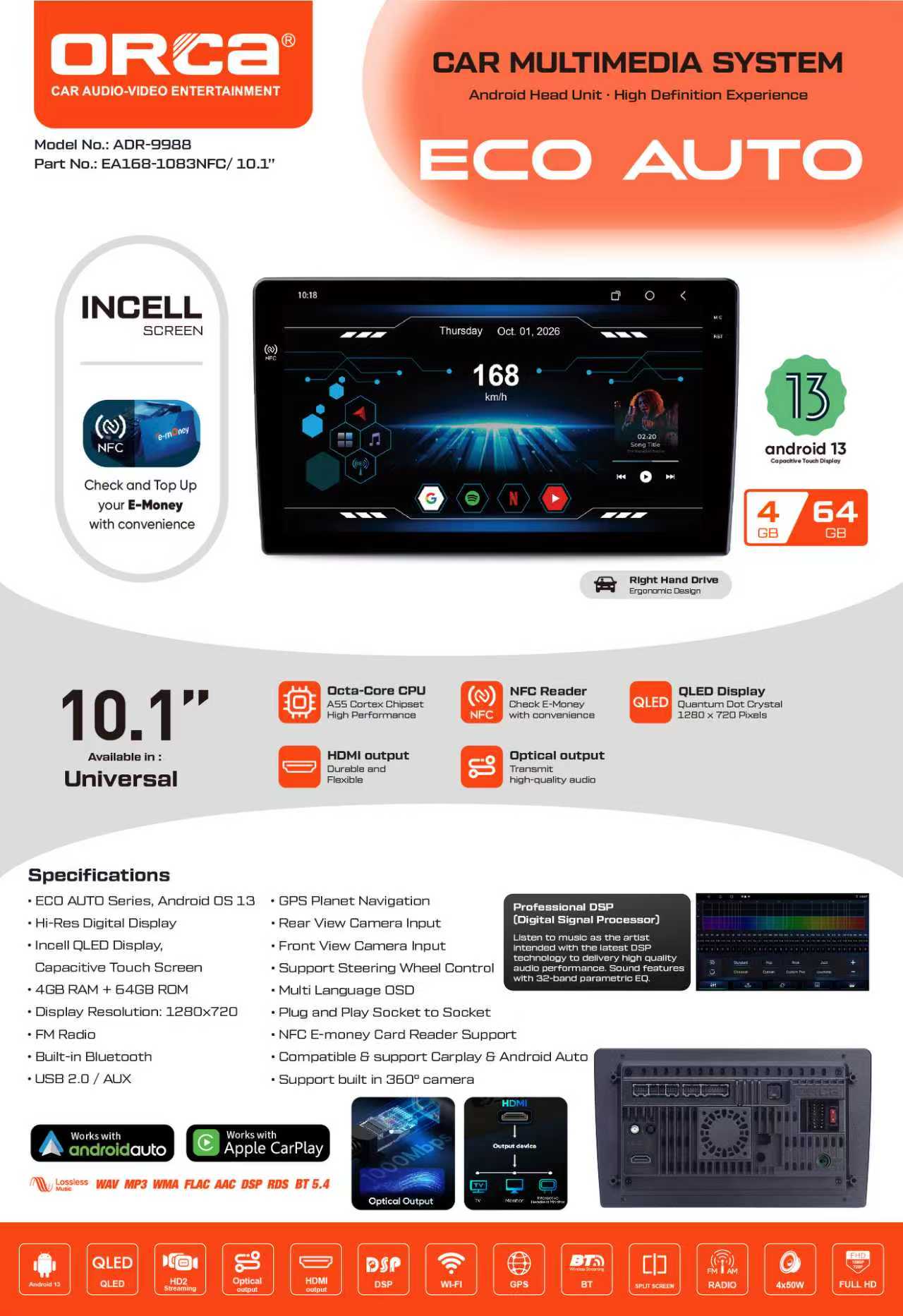 Orca ADR-9988 Eco Auto Series NFC 4/64 GB Android 10" Inch Head Unit Tape Mobil + Camera 360 - Image 2