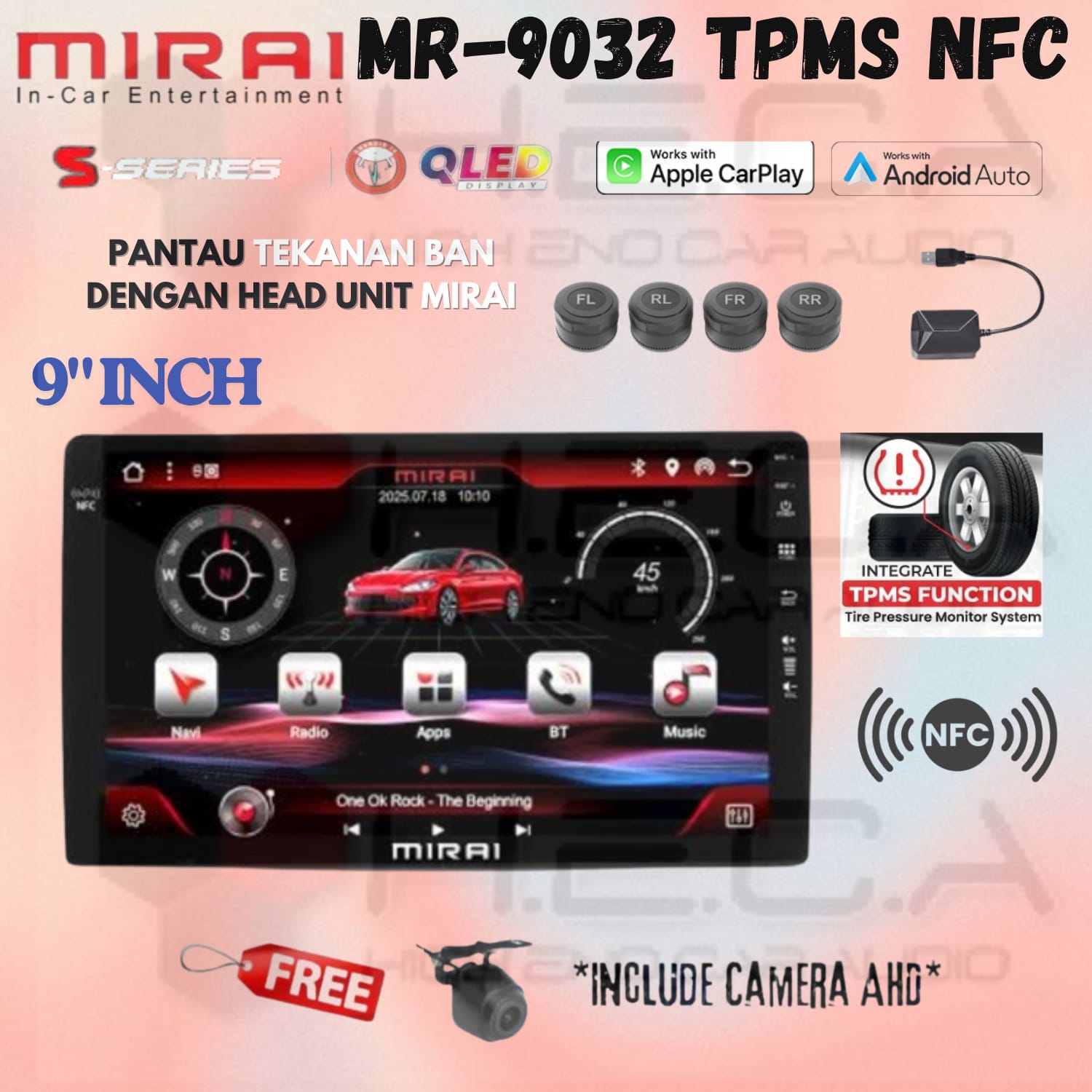 Mirai MR-9032 TPMS NFC Head Unit Android 9" inch 4/128 GB TV Tape Pengukur Tekanan Ban + Camera AHD