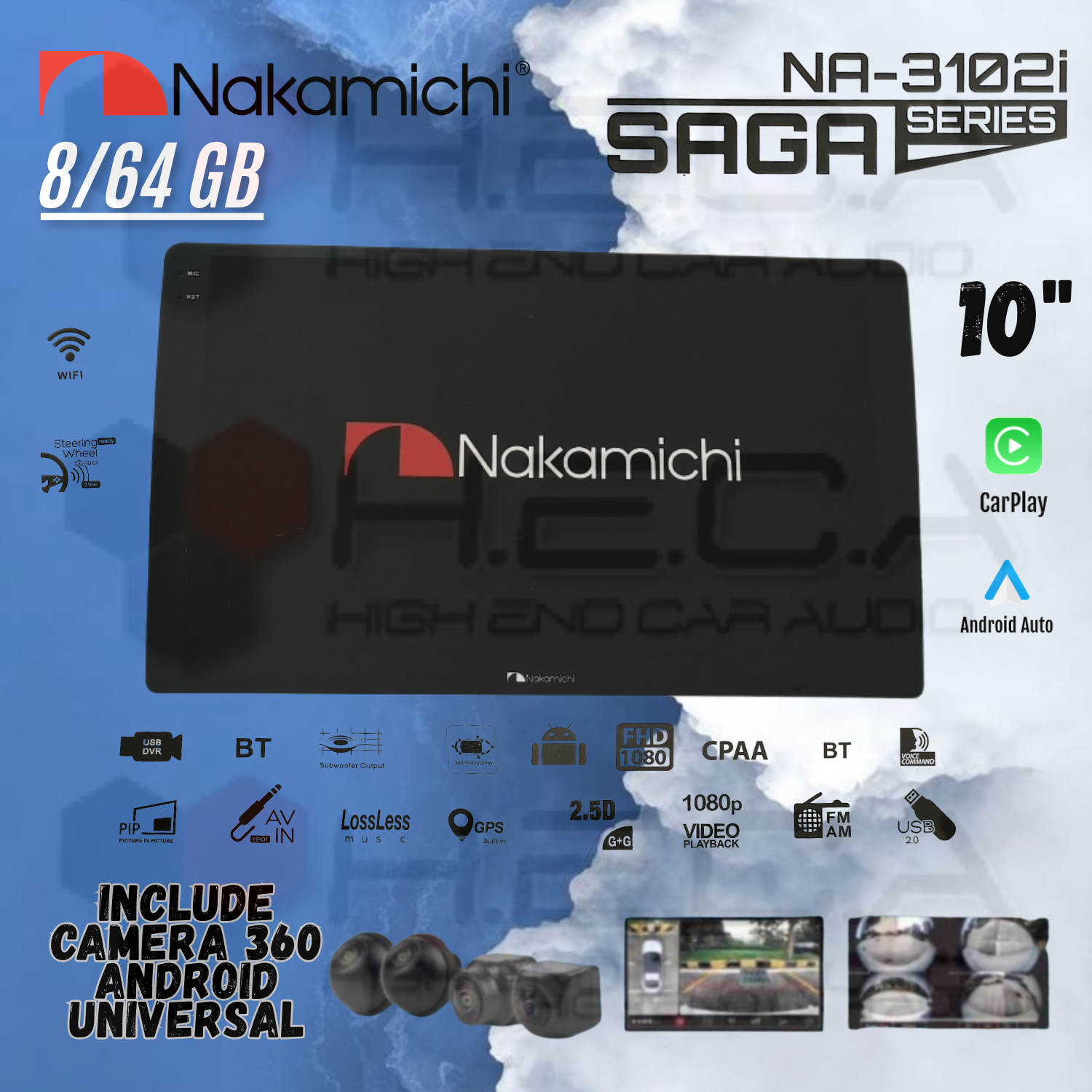 Nakamichi SAGA Series 8/64 GB 10" Inch QLED NA-3102i Head Unit CarPlay Android Tape Mobil + Camera 360