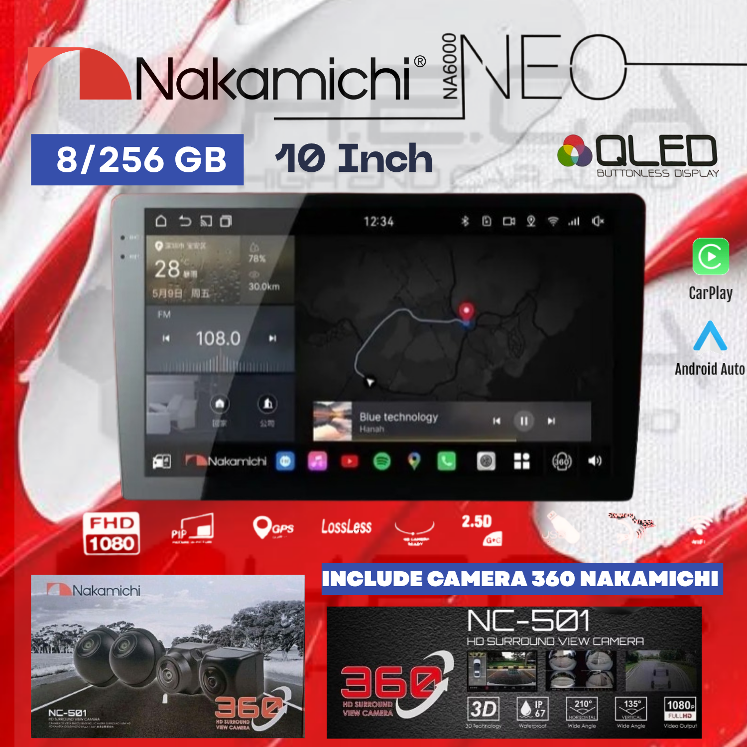 Nakamichi NA6000 NEO Series 8/256 GB 10" Inch Head Unit Android NA-6000 Tape Mobil + Camera 360 Nakamichi