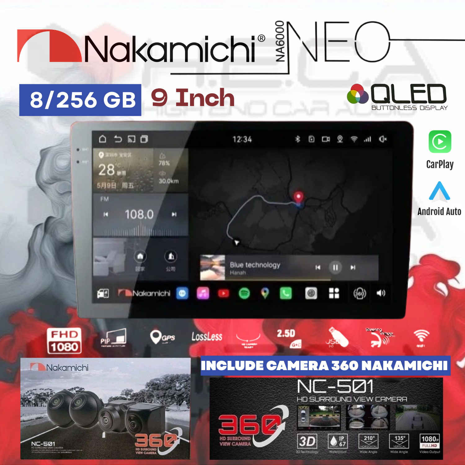Nakamichi NA6000 NEO Series 8/256 GB 9" Inch Head Unit Android NA-6000 Tape Mobil + Camera 360 Nakamichi