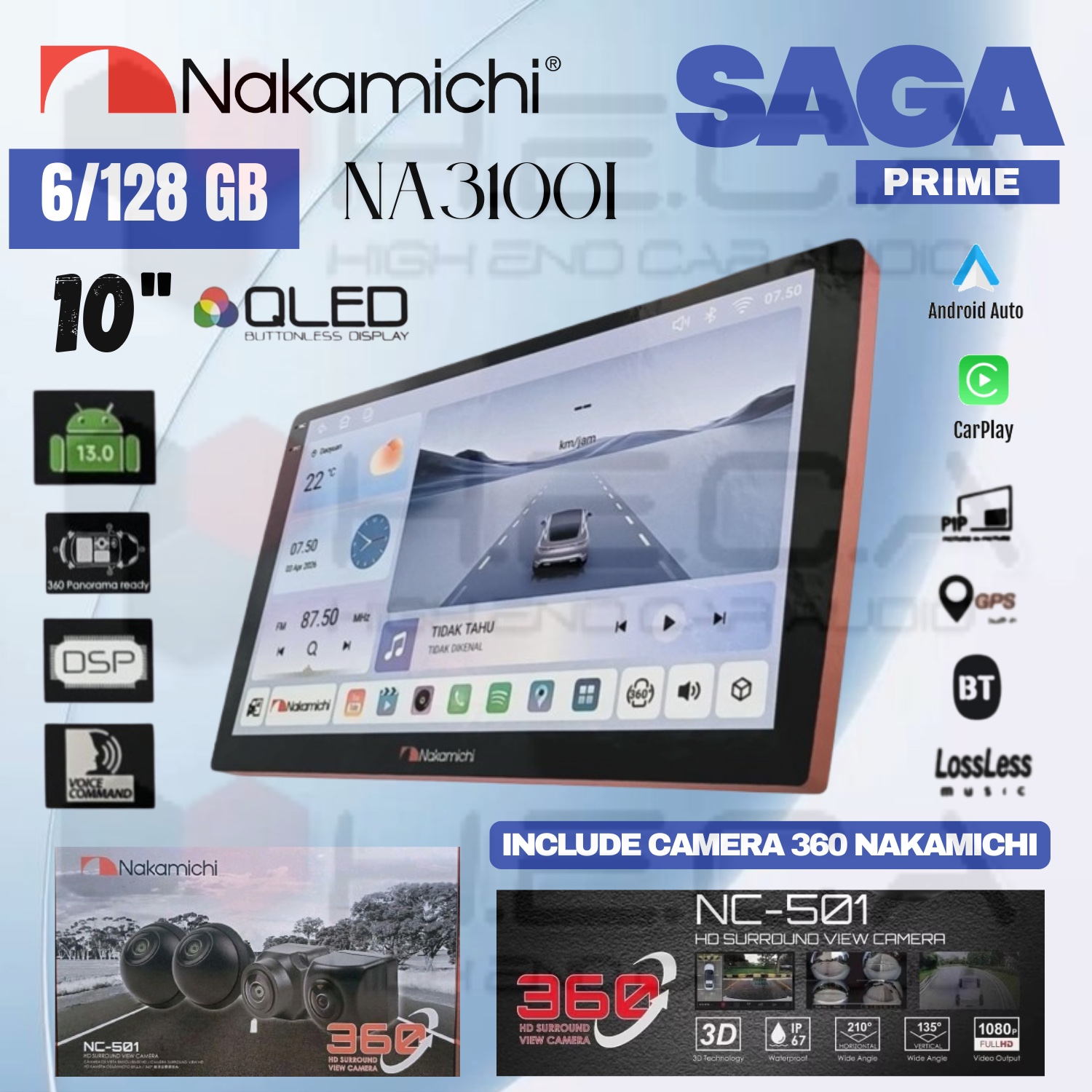 Nakamichi SAGA PRIME 6/128 GB 10" Inch QLED NA-3100I Head Unit CarPlay Android Tape Mobil + Kamera 360 Nakamichi
