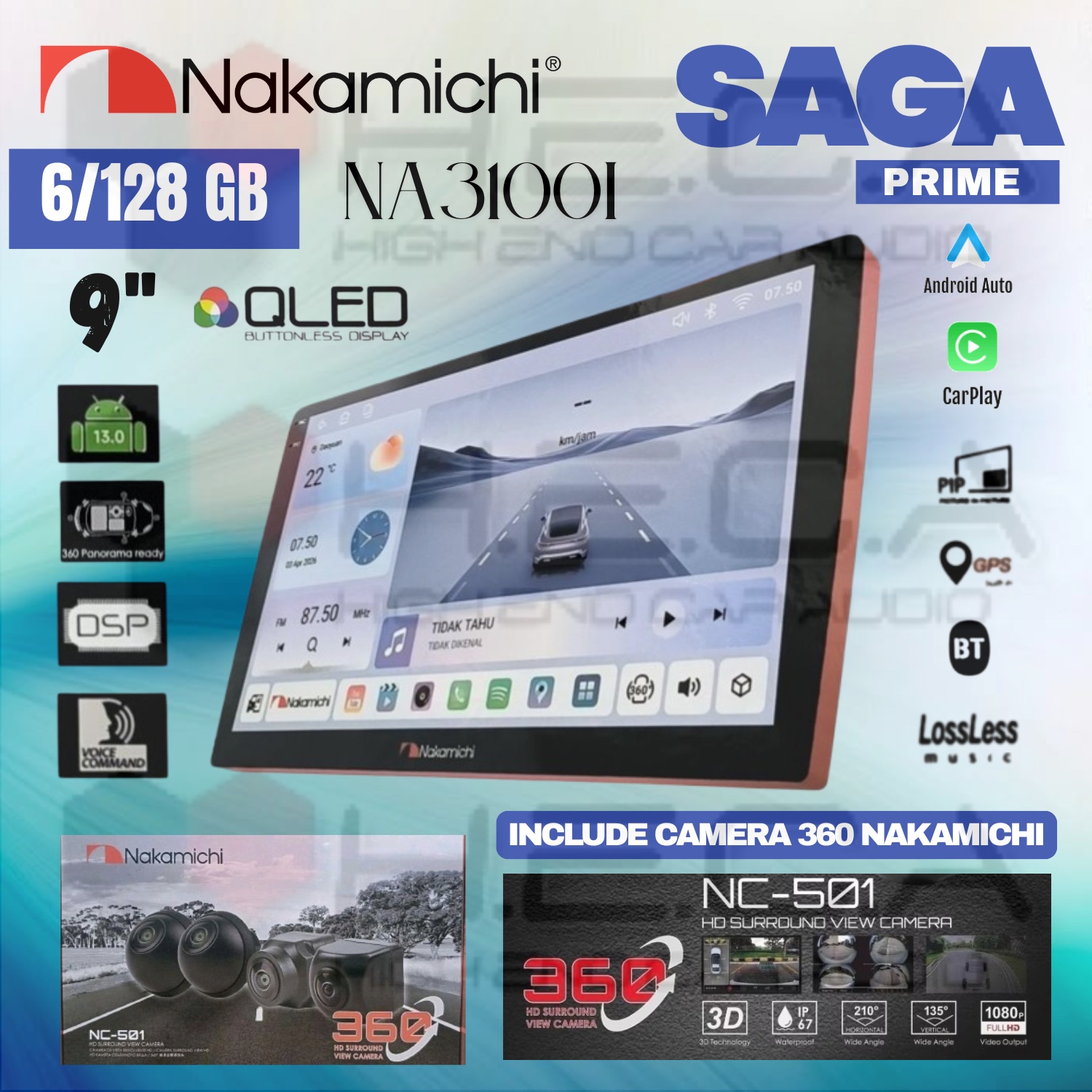 Nakamichi SAGA PRIME 6/128 GB 9" Inch QLED NA-3100I Head Unit CarPlay Android Tape Mobil + Kamera 360 Nakamichi