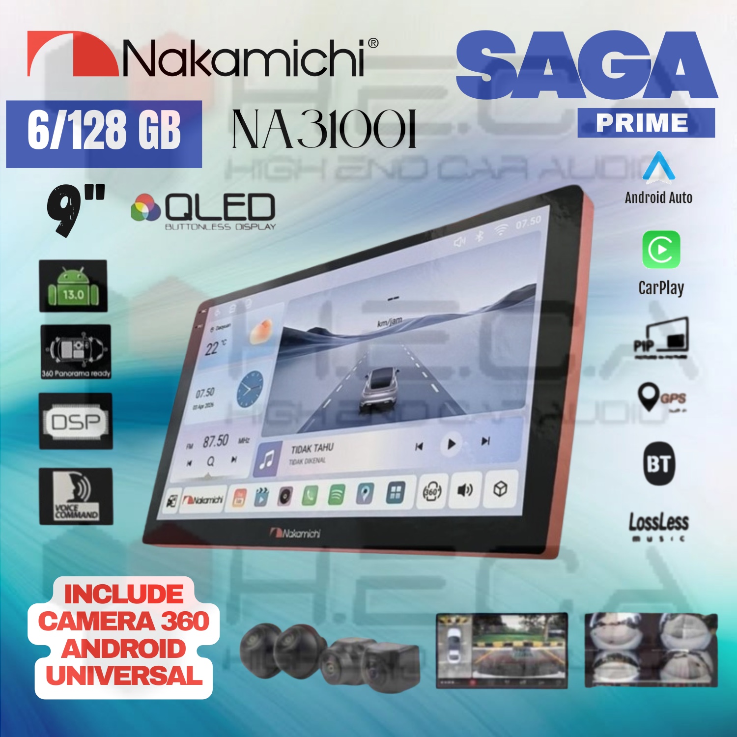 Nakamichi SAGA PRIME 6/128 GB 9" Inch QLED NA-3100I Head Unit CarPlay Android Tape Mobil + Kamera 360
