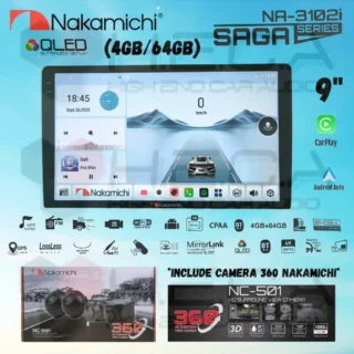 Nakamichi SAGA Series 4/64 GB 9" Inch QLED NA-3102i Head Unit CarPlay Android Tape Mobil + Camera 360 Nakamichi