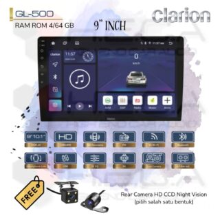 Clarion GL-500 Android RAM 4/64 GB 9” Inch Head Unit Tape Audio Mobil GL500 + Kamera Mundur