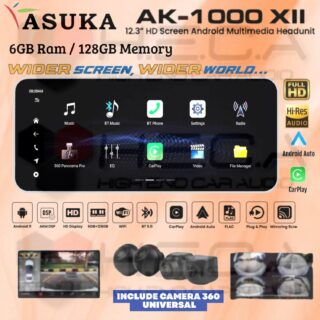 Asuka AK-1000 XII 6/128 GB Head Unit Android 12,3" inch HI-RES Audio Tape TV Mobil AK1000 XII 6+128 + Camera 360 Universal