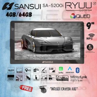 Sansui RYUU Gen3 QLED NFC 4/64 GB Android 9" Inch G3 SA-5200I Head Unit Tape TV Mobil Double din + Camera AHD